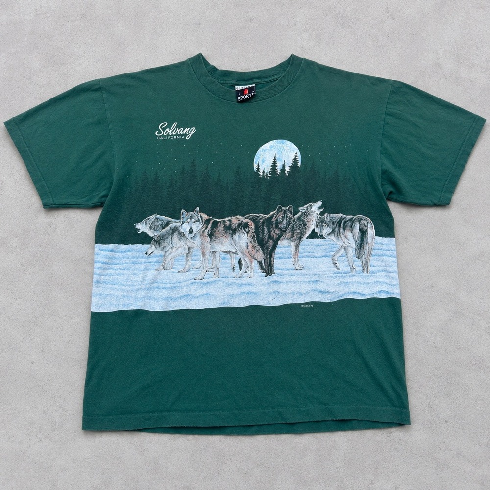 Vintage 90s Signal Sports Wolf Pack Wraparound T-Shirt Green Solvang CA Large